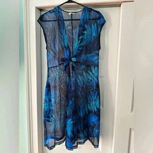 Miraclesuit Blue Palm Leaf Tie Front Beach Swim Cover Up Dress Sheer Sz M NWOT